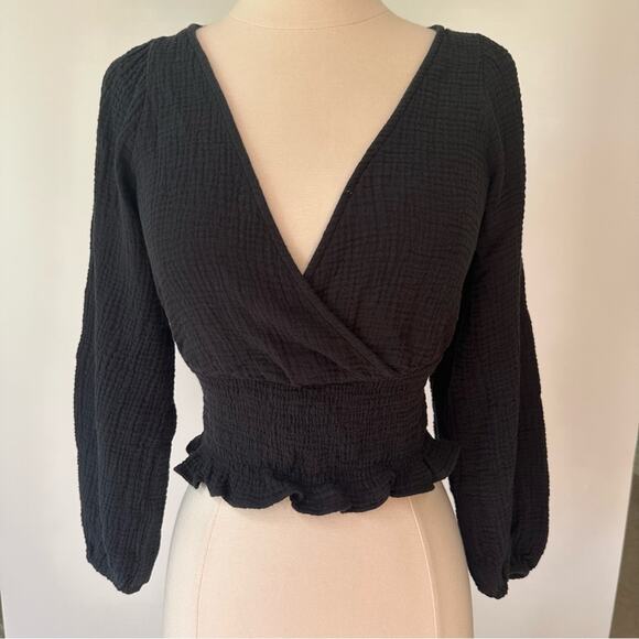 Madewell Black Cropped Long Sleeve Blouse Size XXS Balloon Sleeve Elastic Waist - Picture 6 of 12